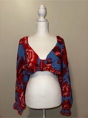 FARM Rio Red Floral Tie-Front Crop Top on Blue